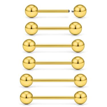Imagem de Dyknasz Piercing de mamilo 16G, anéis de língua de aço cirúrgico com rosca interna, variedade de tamanhos, barra reta para mulheres e homens, 12 mm, 14 mm, 16 mm, comprimento da barra, tom dourado