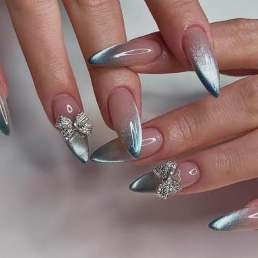 Imagem de Pressionar unhas curtas médias amêndoas francesas olho de gato cola falsa unhas com design de laço 3D cobertura completa bastão falso artificial em unha de acrílico para mulheres, casamento, 24 peças