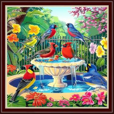 Imagem de Dimxvean Kits de ponto cruz estampado, kits de ponto cruz para adultos iniciantes, kits de bordado gama completa de kits de ponto de cruz, padrões de ponto cruz, flores de pássaros, 45 x 45 cm