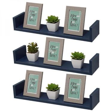 Imagem de Kit 3 Prateleiras em U 70X25cm Azul com Suporte Invisível