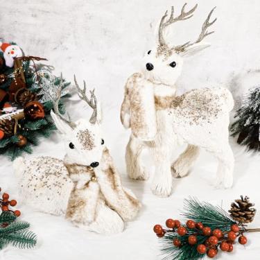 Imagem de AceOrbit 2 peças estatueta de rena de Natal de sisal com glitter acentuado de rena decoração de pinha guirlanda de cervo floresta realista para mesa de Natal decoração de lareira (ouro)