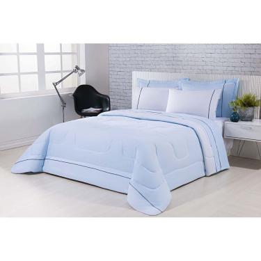 Imagem de Kit Edredom 100% Algodão Percal 150 Fios Dupla Face Casal + Jogo De Cama Gran Moratta 7 Peças - Azul-branco