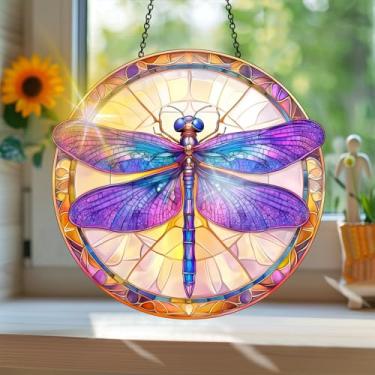Imagem de Acrílico colorido Suncatcher, apanhador de sol estilo vitral impresso libélula com reflexos de arco-íris, decoração de janela suspensa, decoração de parede, ornamentos de Natal para uso interno e