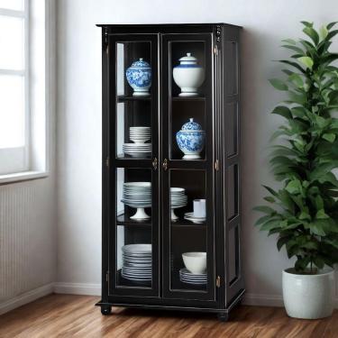 Imagem de Cristaleira Rústica De Madeira 3 Prateleiras Pés Torneados - Preto Laca