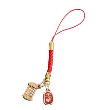 Imagem de Pingente de corda vermelha com pingente de telefone estilo chinês com ábaco dourado e etiqueta de riqueza para prosperidade e sucesso