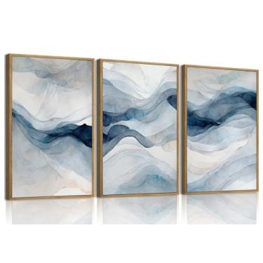 Imagem de myusuar Arte de parede com tinta emoldurada em tela abstrata moderna grande de 3 peças para sala de estar, textura azul marinho minimalista, pôsteres para quarto, escritório, 61 x 91 cm