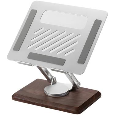 Imagem de Suporte de laptop ajustável de 360° com base de madeira e painel de liga de alumínio para resfriamento, suporte de mesa ajustável em altura