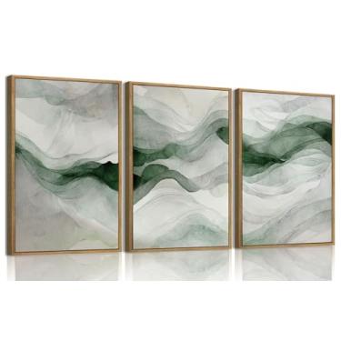 Imagem de myusuar Arte de parede com tinta emoldurada em tela abstrata moderna grande de 3 peças para sala de estar, textura verde esmeralda minimalista, decoração de parede, pôsteres para quarto, escritório