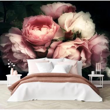 Imagem de PYFFYP - Papel de parede floral de peônia rosa mural de parede para quarto (não descasque e cole)