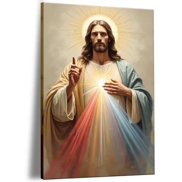 Imagem de Tela emoldurada Jesus Divina Misericórdia Coração Arte de Parede Jesus Misericórdia Pôster Cristo Pintura Católica Impressão Sala de Estar Quarto Decoração de Igreja Pronto para Pendurar 61 x 91 cm