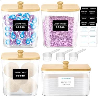 Imagem de Pacote com 4 recipientes de cápsulas de lavanderia, recipientes para organização de lavanderia, grandes recipientes de armazenamento de sabão em pó com tampas e etiquetas de madeira, suporte