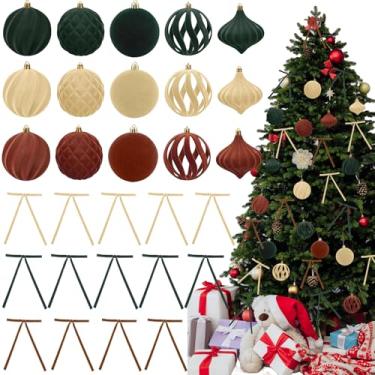 Imagem de 30 peças de decoração de árvore de Natal, kit de veludo, inclui 8,15 polegadas sortidas bolas de veludo de Natal 20 centímetros laços de fita vintage ornamentos flocados para decoração de guirlanda de