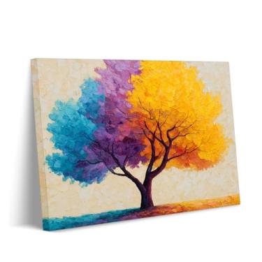 Imagem de Arte de parede colorida da árvore da vida - Impressão em tela abstrata com folhas azuis e laranja, pintura moderna estilo impasto para decoração de sala de estar e quarto, arte de fantasia vibrante