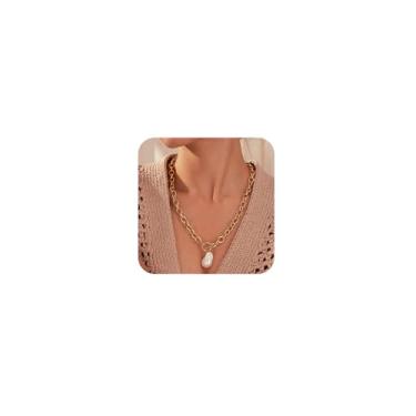 Imagem de CHESKY Colar grosso banhado a ouro 14K para mulheres, corrente moderna com clipe de papel, colar com pingente de coração de cruz grossa em camadas, espinha de peixe, corrente de elos cubanos, joias