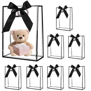 Imagem de Zeivvnef Pacote com 8 sacos de presente transparentes com alças 17 x 25 x 8 cm, sacos de plástico com fitas, sacolas reutilizáveis de presente de festa para aniversário, Natal e casamento (preto)