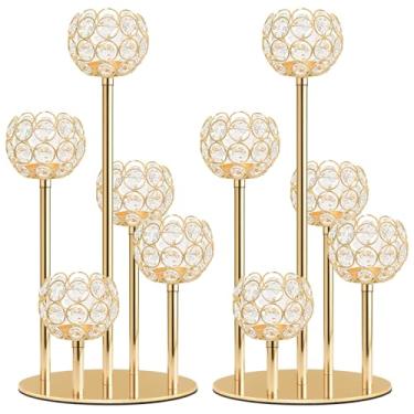 Imagem de Kolnlala Peça central de candelabro de cristal com 5 braços, suporte de vela de metal de 14,8 polegadas para decoração de mesa, casamento, Natal, festa, aniversário e decoração de casa (2, ouro, P