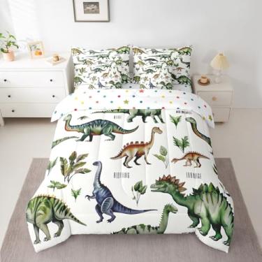 Imagem de Erosebridal Jogo de cama solteiro de dinossauro, 7 peças, para meninos, estampa de dinossauro, com desenho animado de animais selvagens, dinossauros, lençol com estampa de dinossauros