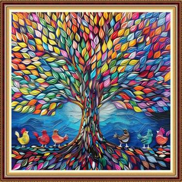 Imagem de DMCVIVR Kits de ponto cruz estampado para adultos iniciantes kits de bordado 11CT kits de ponto cruz padrões de bordado - pintinhos de árvore arco-íris 45,7 x 45,7 cm