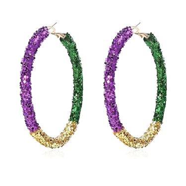 Imagem de Dreuyet Brincos de argola de carnaval femininos leves com glitter, roxo, amarelo, verde, arcos de carnaval, acessórios de bijuteria, Middle, Liga de aço, Sem pedra preciosa