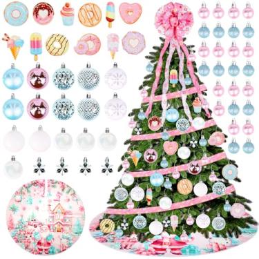 Imagem de Cheerupp Conjunto de 56 peças de enfeites de árvore de Natal de rosquinha rosa, inclui bolas de Natal, saia de árvore, enfeite de laço, pingentes de madeira para pendurar em árvore de Natal