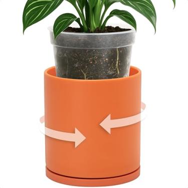 Imagem de D'vine Dev Conjunto de plantador de camada dupla – Cachepot de plástico rotativo com forro interno transparente para a saúde das raízes, perfeito para plantas de interior, 16,5 cm, abóbora, 73-U-E-2
