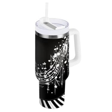 Imagem de Blueangle Copo isolado de 850 g com alça e tampa de canudo - Caneca de viagem de aço inoxidável à prova de vazamento, teclas de piano a vácuo de parede dupla, notas musicais, garrafa de água (576)