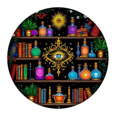 Imagem de Mouse pad redondo, garrafas de poção mágica, estante de livros, mouse pad com borda costurada, tapete de mouse de proteção de mesa lavável com base de borracha antiderrapante, tamanho pequeno 22 x 21