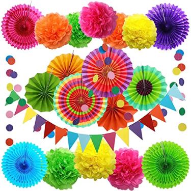 Imagem de Conjunto de 20 Flores Ventilador Papel Pinwheels Penduráveis Artesanato em DIY para Decoração Casamento Aniversário e Festa Flor Pendurável com Bandeirinhas Triangulares Guirlanda Circular Pompons Ven