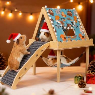 Imagem de Orekemo Esconderijo grande de porquinho-da-índia, castelo de porquinho-da-índia de madeira resistente com escadas, plataforma, rede, cama de rede suspensa de 2 camadas para hamsters, chinchilas