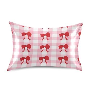 Imagem de Wassud Fronha de cetim xadrez com laços vermelhos para cabelo e pele, fronhas de seda lisa, tamanho queen, capas de almofada respiráveis com fecho de envelope