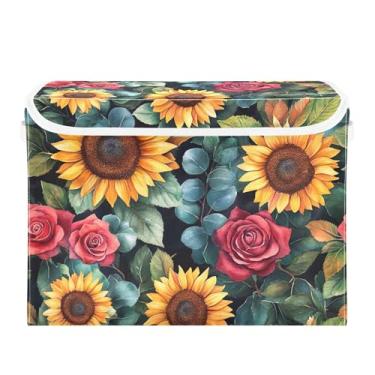 Imagem de xigua Cestos de armazenamento de girassóis com tampas e alça de transporte, caixas de armazenamento dobráveis organizadores recipientes cestos cubo com capa para casa, quarto, armário, escritório