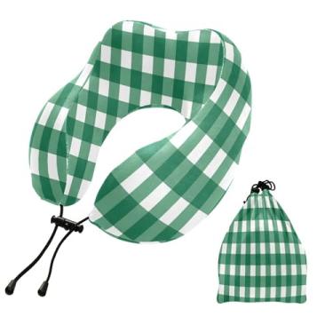 Imagem de CEBUGI Travesseiros de viagem portáteis em forma de U, travesseiro de pescoço de espuma viscoelástica com trava de corda ajustável para avião, viagem, trem, negócios, escritório, soneca (xadrez verde)