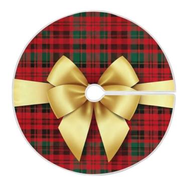 Imagem de Wassud Saia para árvore de Natal com laços seguros, 128 cm, xadrez, tapete de árvore de Natal festivo para festas de ano novo, decoração de casa