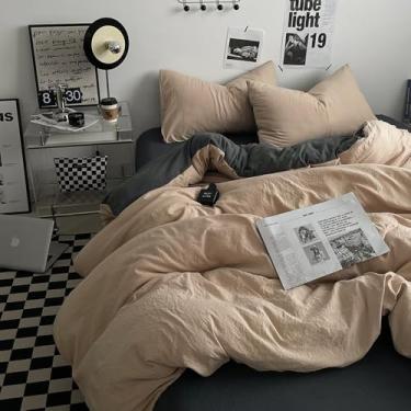 Imagem de XLCZMYL Conjunto de cama minimalista de cor lisa, 3 peças, 1 capa de edredom, 2 fronhas, super macio, respirável, lavável na máquina, não desbota, casal, cáqui, cinza escuro, lençóis de 1,5 m, 4 peças