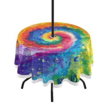 Imagem de CEBUGI Toalha de mesa redonda para uso externo, colorida, tingida, impermeável, com furo Umberlla, capa de mesa lavável para pátio, cozinha, sala de jantar, 152 cm