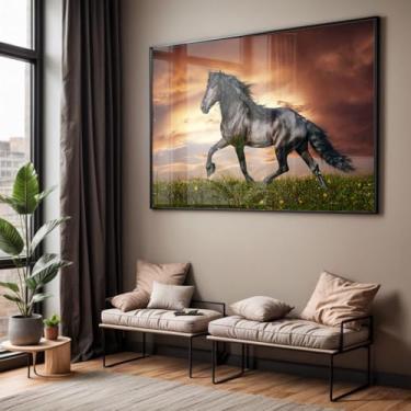 Imagem de Quadro Decorativo Cavalo Preto com Moldura Caixa Acrílico Cristal para Sala e Quarto Horizontal (Moldura Preta, 90x60)