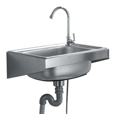 Imagem de PVXMQFFA Pia de aço inoxidável, lavatório de mão, pia montada na parede, incluindo torneira de água, pia de aço inoxidável para garagem, oficina, lavanderia, banheiro (42 x 37 cm)