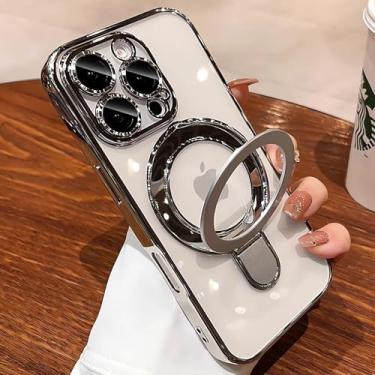 Imagem de PIKULOA Capa para iPhone 15 Pro Max com suporte magnético [compatível com MagSafe] [protetor completo de lente da câmera] Capa de telefone transparente à prova de choque de luxo para iPhone 15 Pro Max