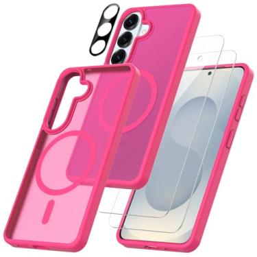 Imagem de Capa magnética para Samsung Galaxy S26 5G com 2 protetores de tela de vidro temperado com 1 x protetor de lente de câmera fosco translúcido à prova de choque (rosa vermelha)