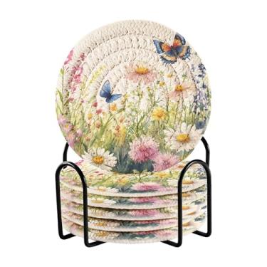 Imagem de SEHANY Elegante conjunto de 6 porta-copos de flores de borboleta com suporte, porta-copos redondos absorventes de algodão resistente ao calor para mesa de jantar, canecas de café, 10 cm