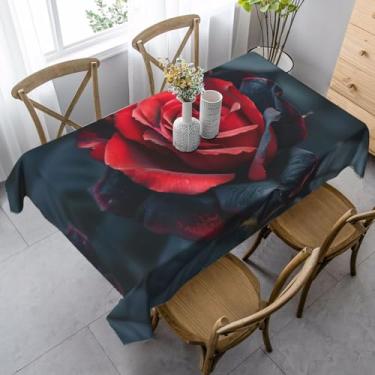 Imagem de ZTPOWQA Toalha de mesa de jantar com estampa de rosa vermelha e preta, 89 x 139 cm, retangular, impermeável, reutilizável, festa de jantar