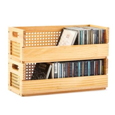 Imagem de CroBlissful 2 conjuntos de caixas de armazenamento de CD de madeira com alças de transporte, prateleiras de exibição de fita cassete design de vime prateleira organizadora para capas de filmes, DVDs