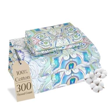 Imagem de MCO Jogo de lençol 100% algodão estampado floral, conjunto de lençóis Queen de algodão 300 fios, bolso profundo de 40,6 cm, lençóis de resfriamento respiráveis, 4 peças (Queen, paisley)