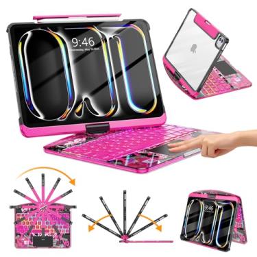 Imagem de TSQQST Capa transparente com teclado sem fio para iPad Pro de 11 polegadas (M4) 2024 com suporte para lápis e trackpad multitoque, PCB visível, brilho de 3 e luz de fundo de 7 cores, rotação 360, rosa