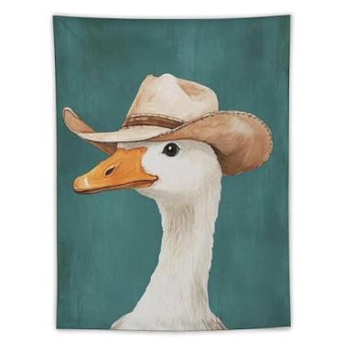Imagem de Tapeçaria de parede de chapéu de cowboy de ganso decoração de animais de fazenda brincalhão fundo azul-petróleo rústico arte rústica para sala de estar quarto lavanderia bonito detalhe caprichoso
