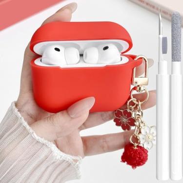Imagem de Linda capa vermelha para Airpods Pro 3 para meninas e mulheres com chaveiro e kit de limpeza, capa protetora de silicone macio para Airpods iPod Pro 3ª geração, vermelha