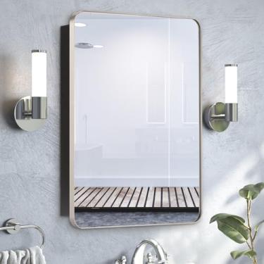 Imagem de FUMANGO Armário de remédios para banheiro embutido na parede, 50 x 66 cm, moldura de metal prateado, armário de remédios retangular arredondado