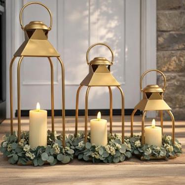 Imagem de Lanternas decorativas de metal para ambientes internos e externos, suporte de vela para varanda, pátio, lareira, chão, casamento, Natal, outono, feriado, mesa de fazenda (ouro, conjunto de 3 50,8 cm