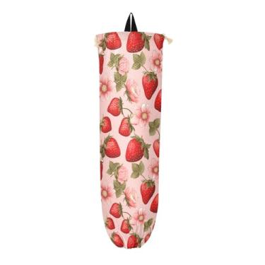 Imagem de Morango na parede de dispensador de sacolas de supermercado rosa, suporte de saco de cozinha, organizadores de bolsa de armazenamento