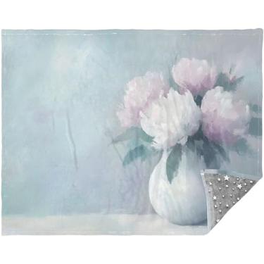 Imagem de TSENQUE Cobertor de Natal personalizado com pintura de flor de peônia rosa pastel cobertor quente de sofá para mulheres cobertor grande com estampa de presente 178 x 139 cm